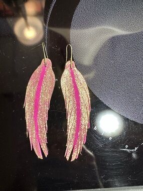 Handmade Boho Leather Feather Fushia and glittery gold Earrings